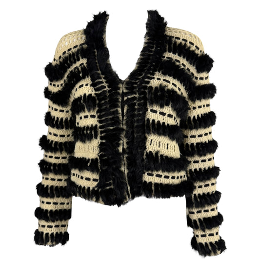Just Cavalli Roberto Cavalli Black Rabbit Fur & Ivory Knit Cardigan