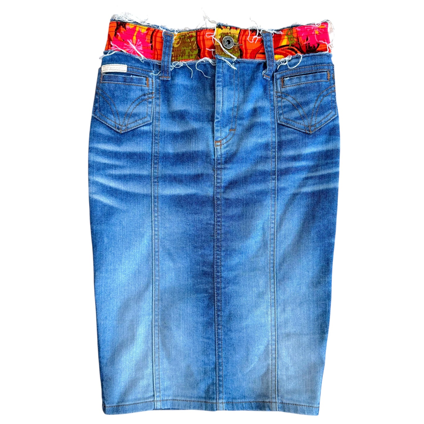 D&G Dolce & Gabbana Denim & Floral Waistband Midi Skirt