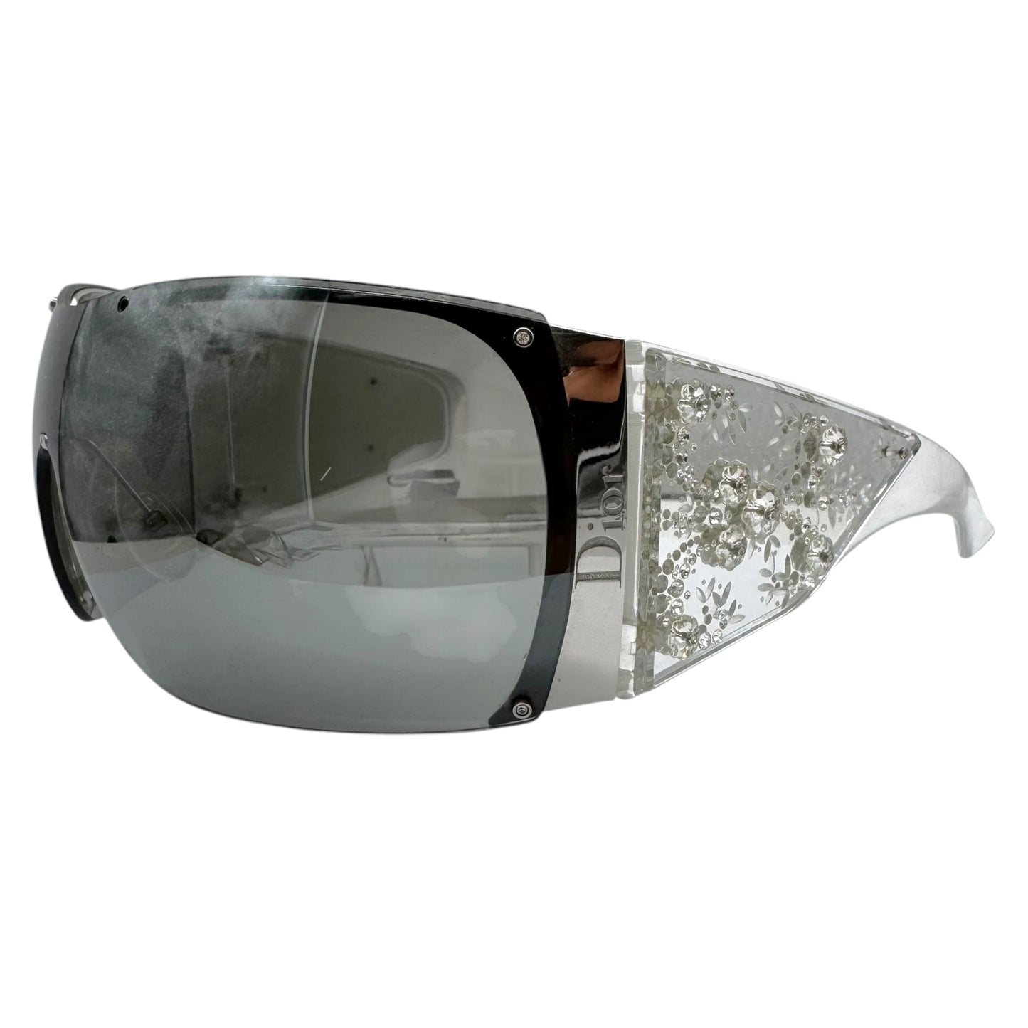 Christian Dior DiorGrandSalon Silver Mirrored Rhinestone Embellished Shield Sunglasses w/ Box