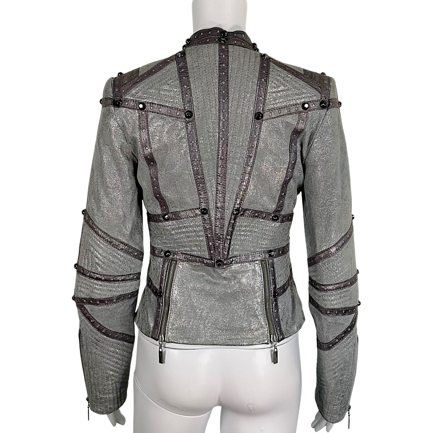 Just Cavalli Roberto Cavalli Metallic Silver & Gray Studded Suede Moto Jacket NEW