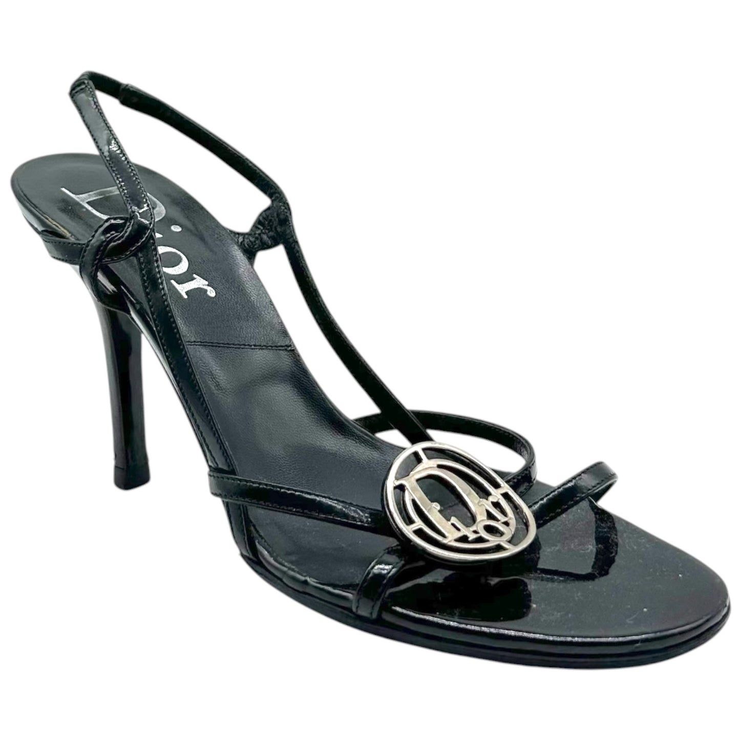 Christian Dior Black Strappy Logo Charm Sandal Heels