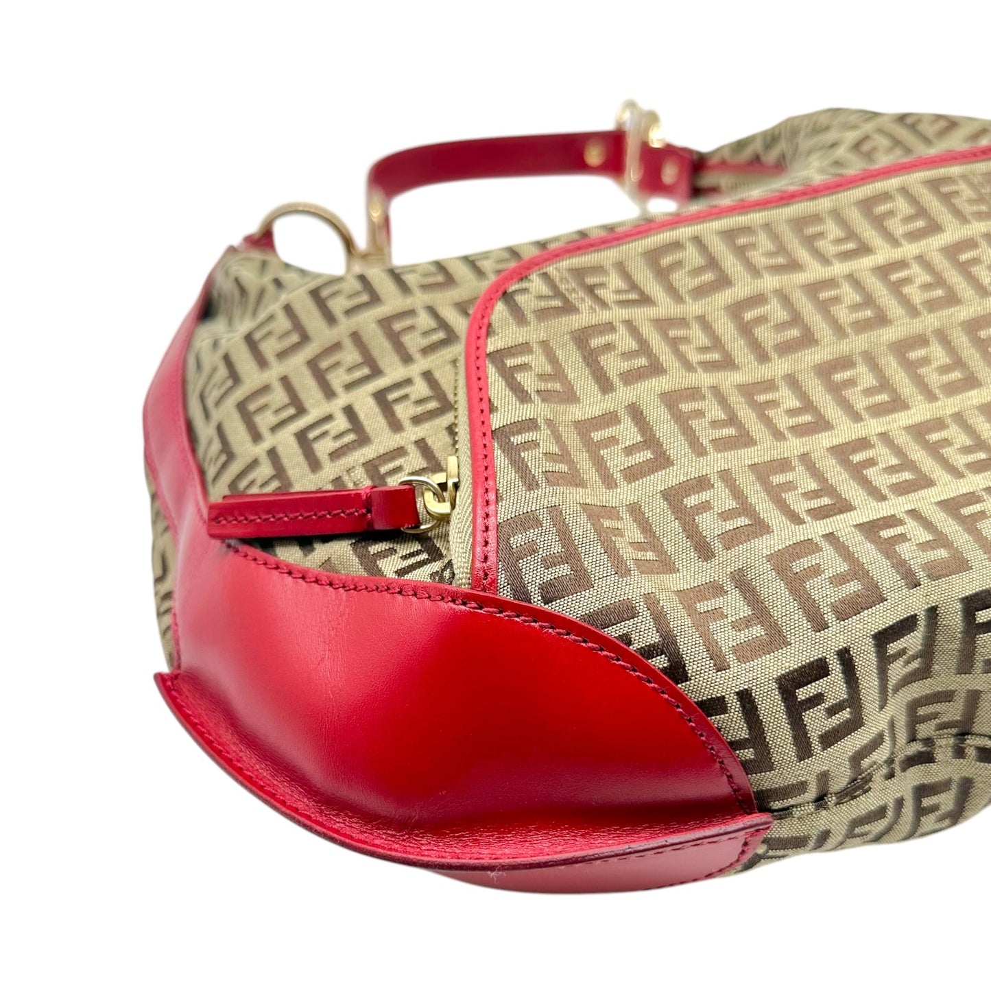 Fendi Tan Zucchino & Red Leather Crescent Hobo Shoulder Bag