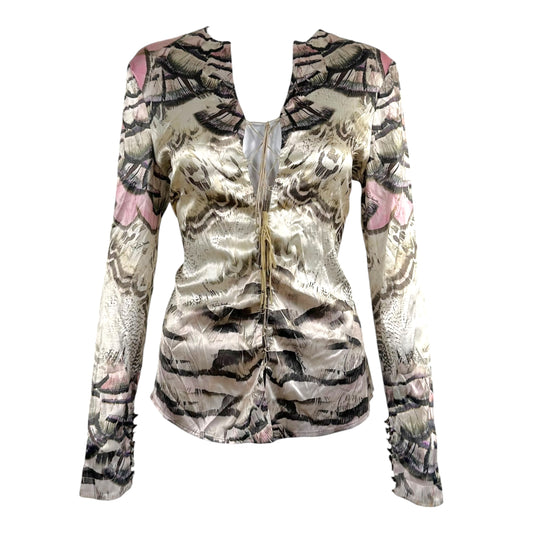 Roberto Cavalli Pink Feather Print Silk Lace Up Blouse - Outfit Repeater