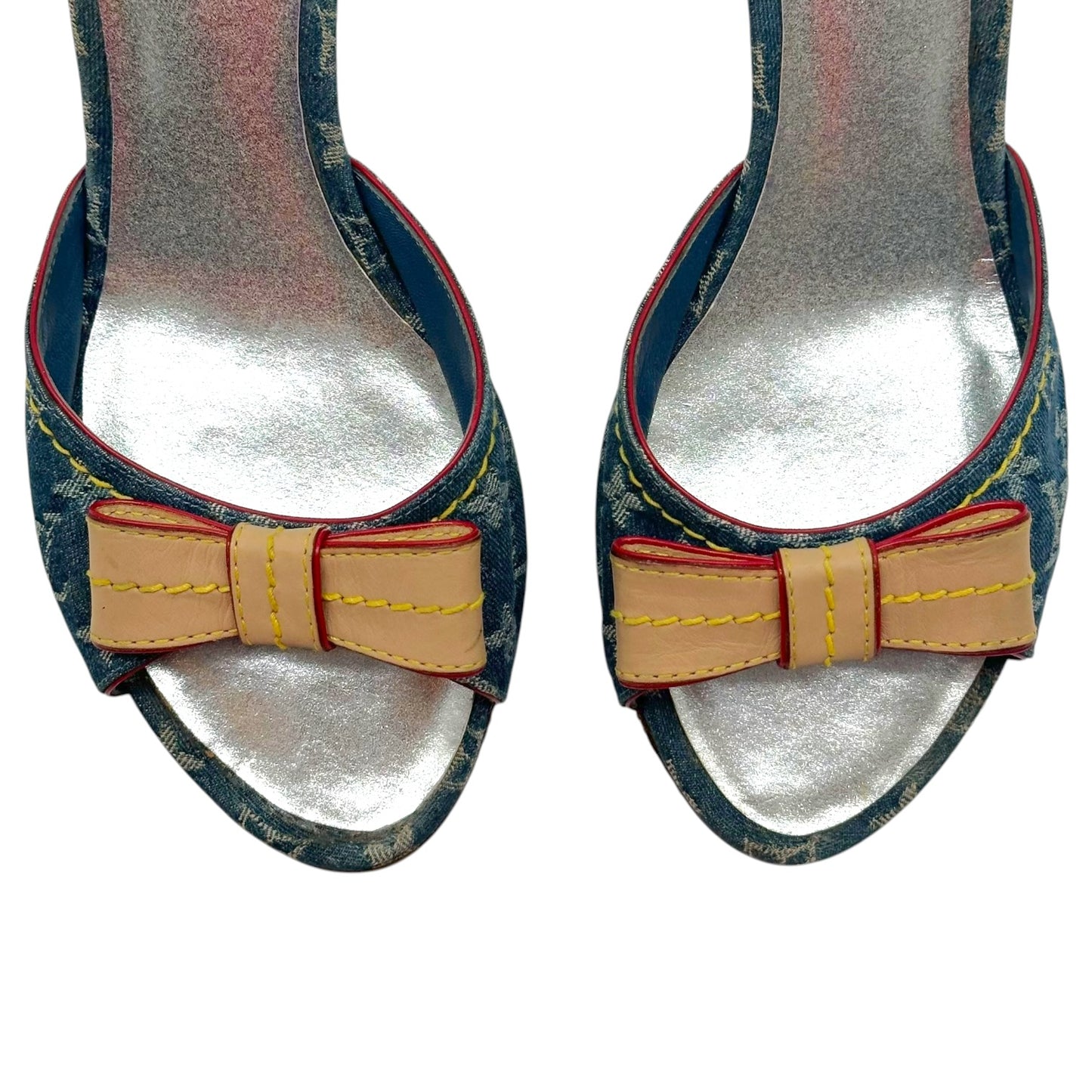 Louis Vuitton Denim Monogram Leather Bow Heeled Mule Sandals
