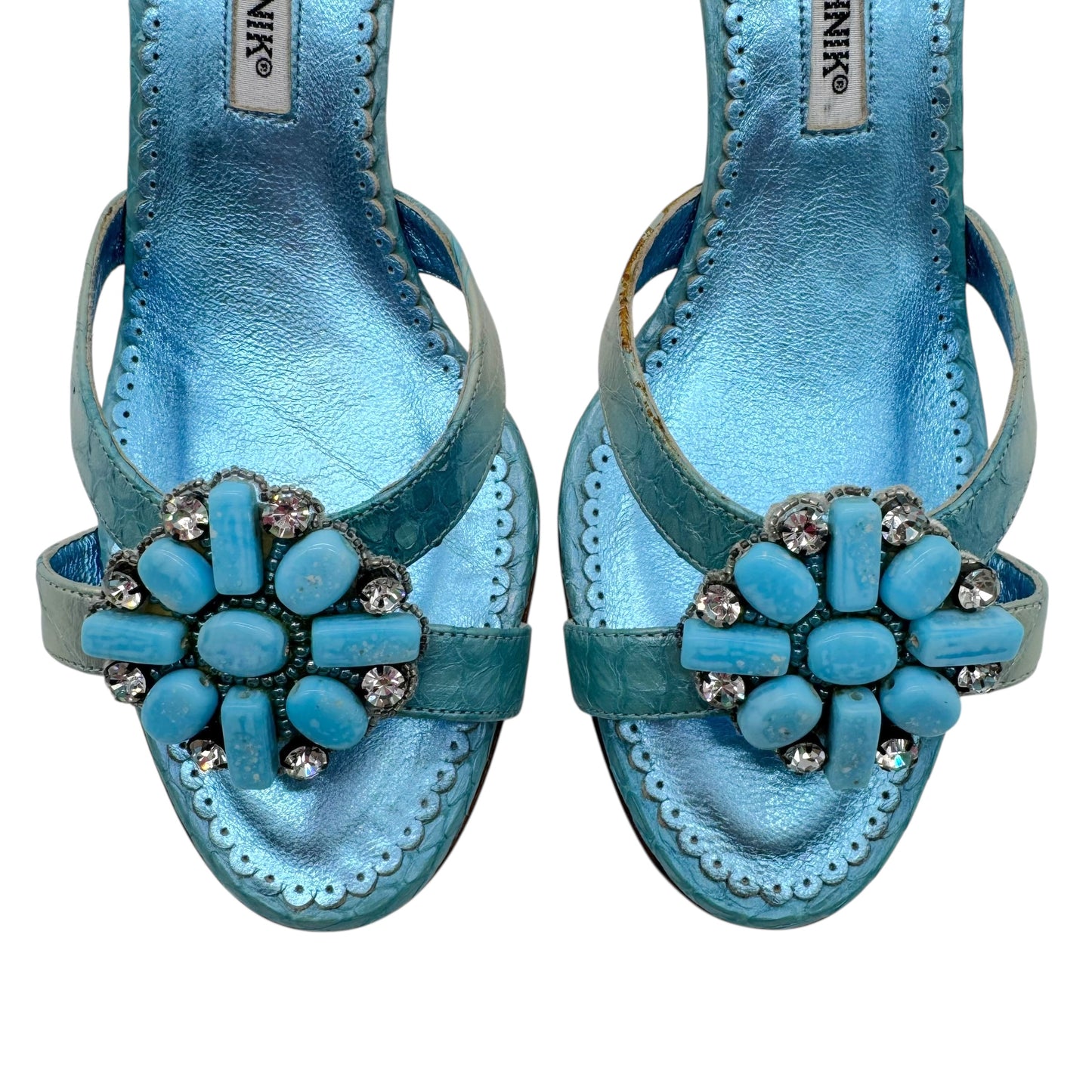Manolo Blahnik Blue Beaded Kitten Heel Mule Sandals - Outfit Repeater