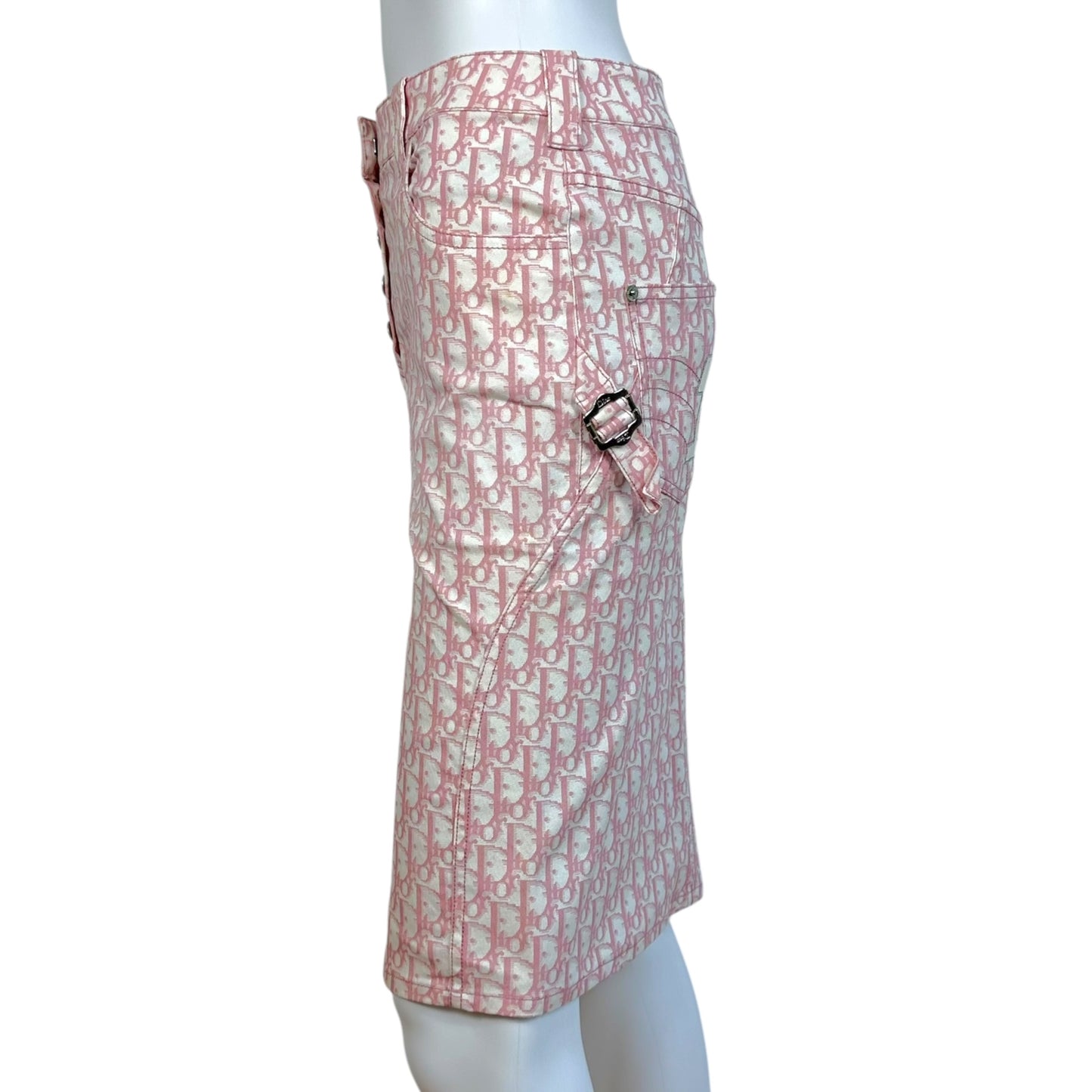Christian Dior S/S 2004 Pink & White Trotter Monogram Denim Midi Skirt