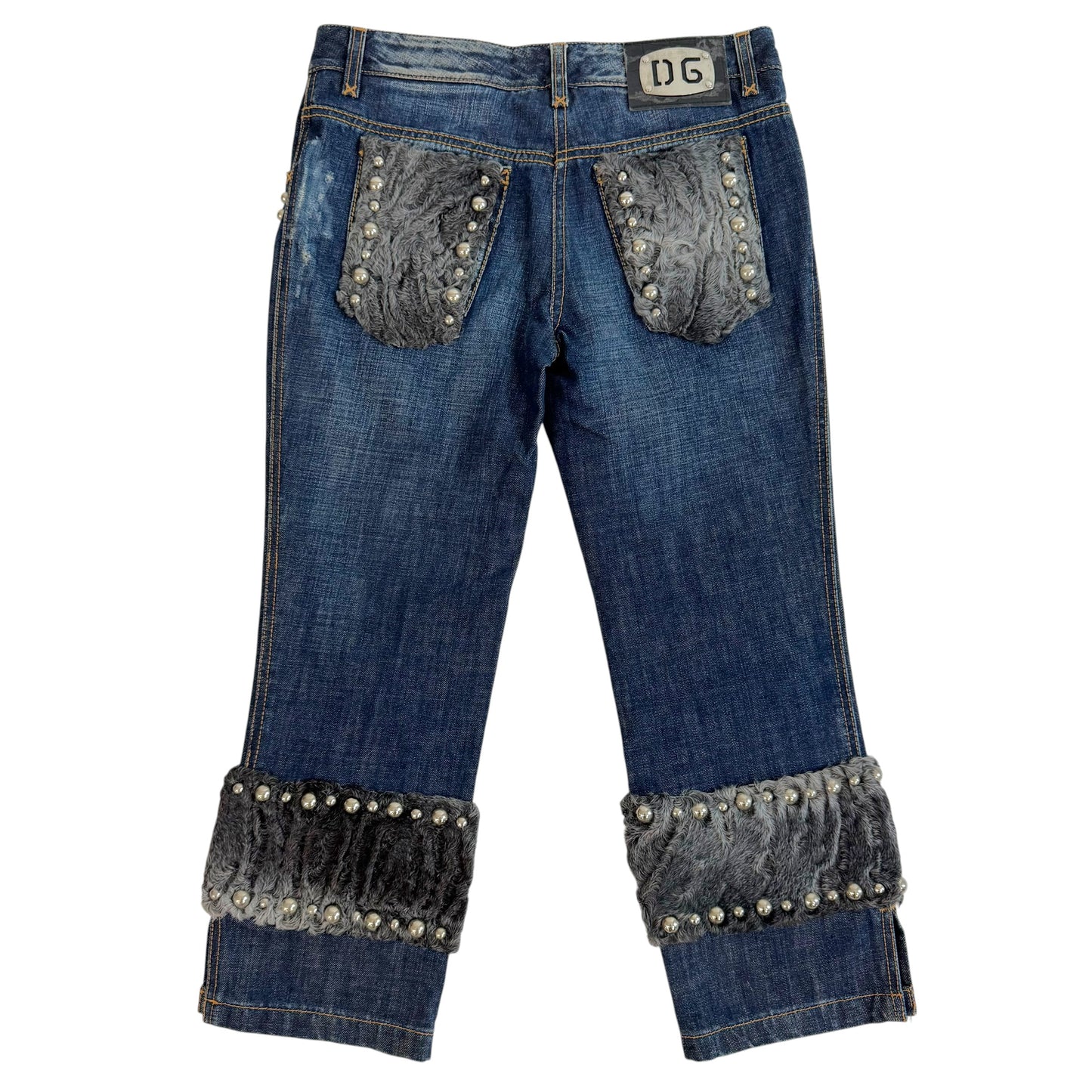Dolce & Gabbana Denim Capri Pants Blue Fur Trim Studded