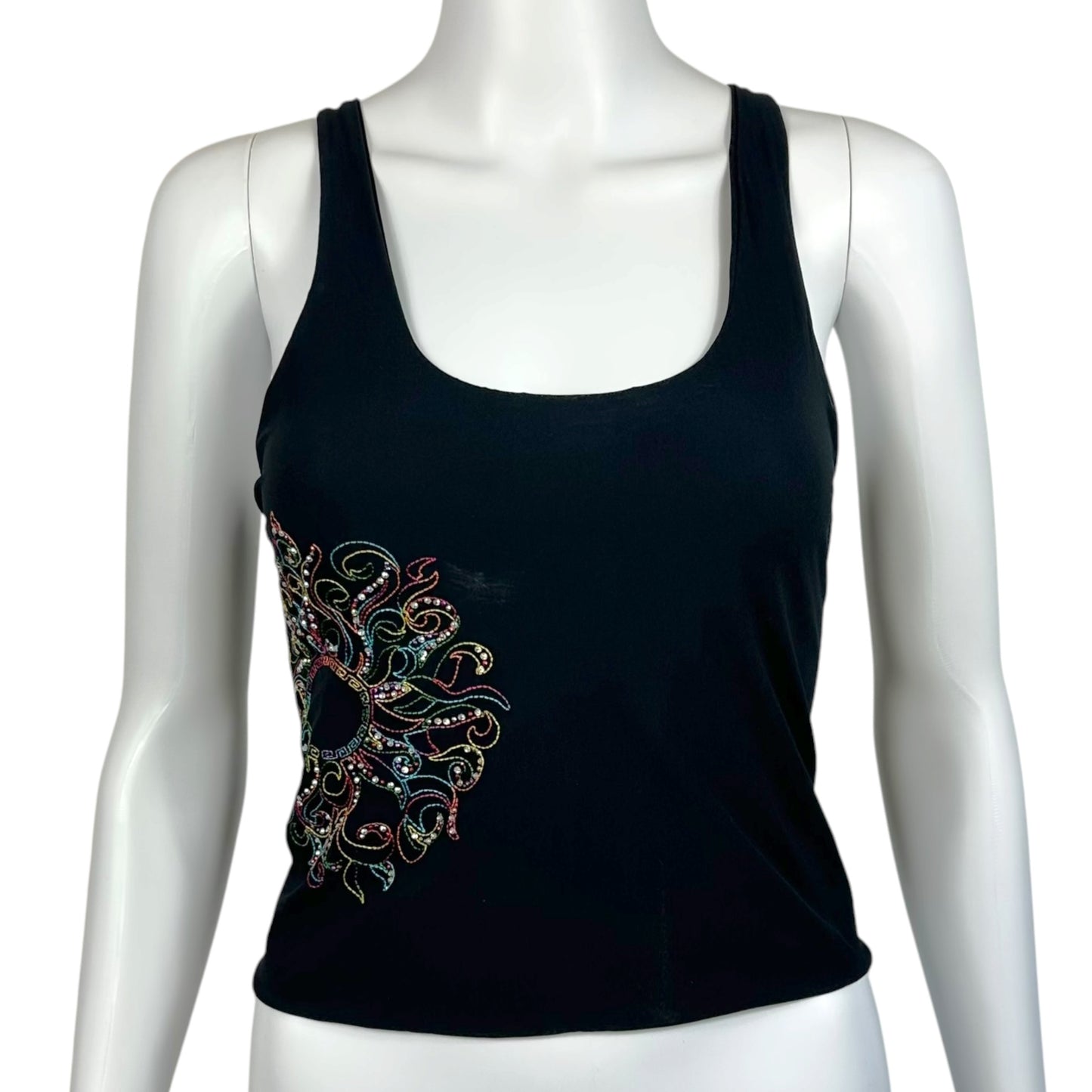 Versace Classic Black Rhinestone & Multicolor Embroidered Crop Tank