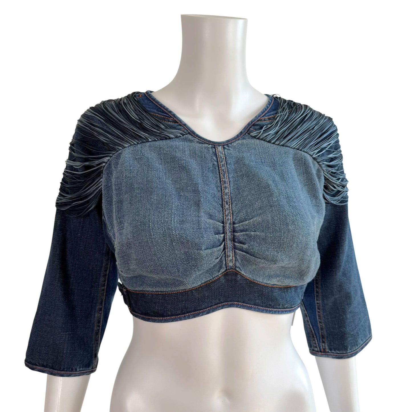 Jean Paul Gaultier Jeans Denim & Fringe Open-Back 3/4 Sleeve Top