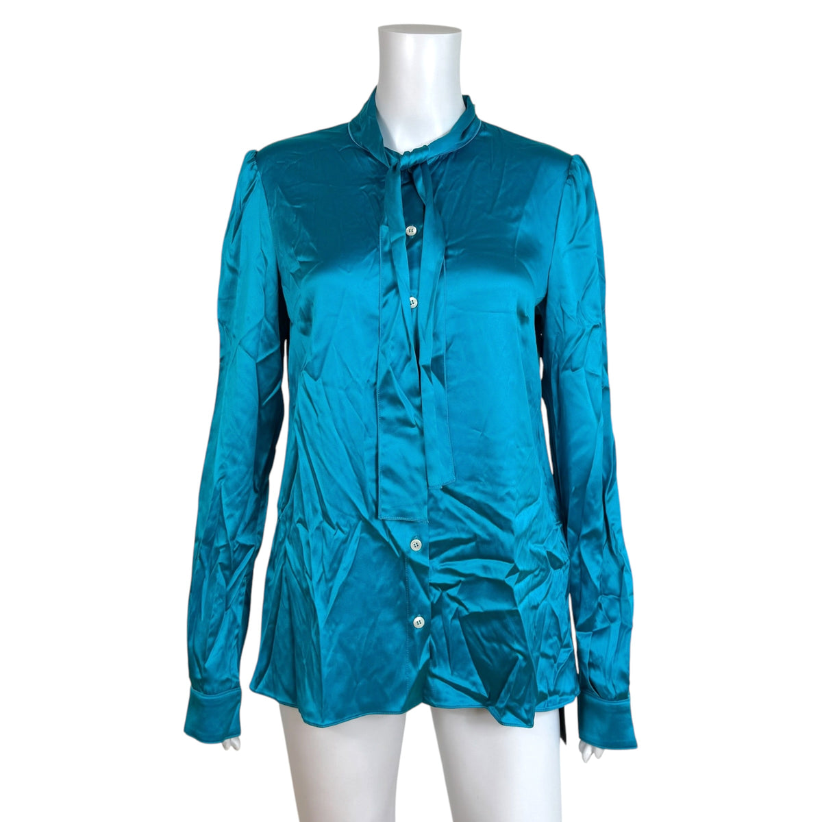 Dolce & Gabbana Silk Tie-Neck Blouse Turquoise Blue