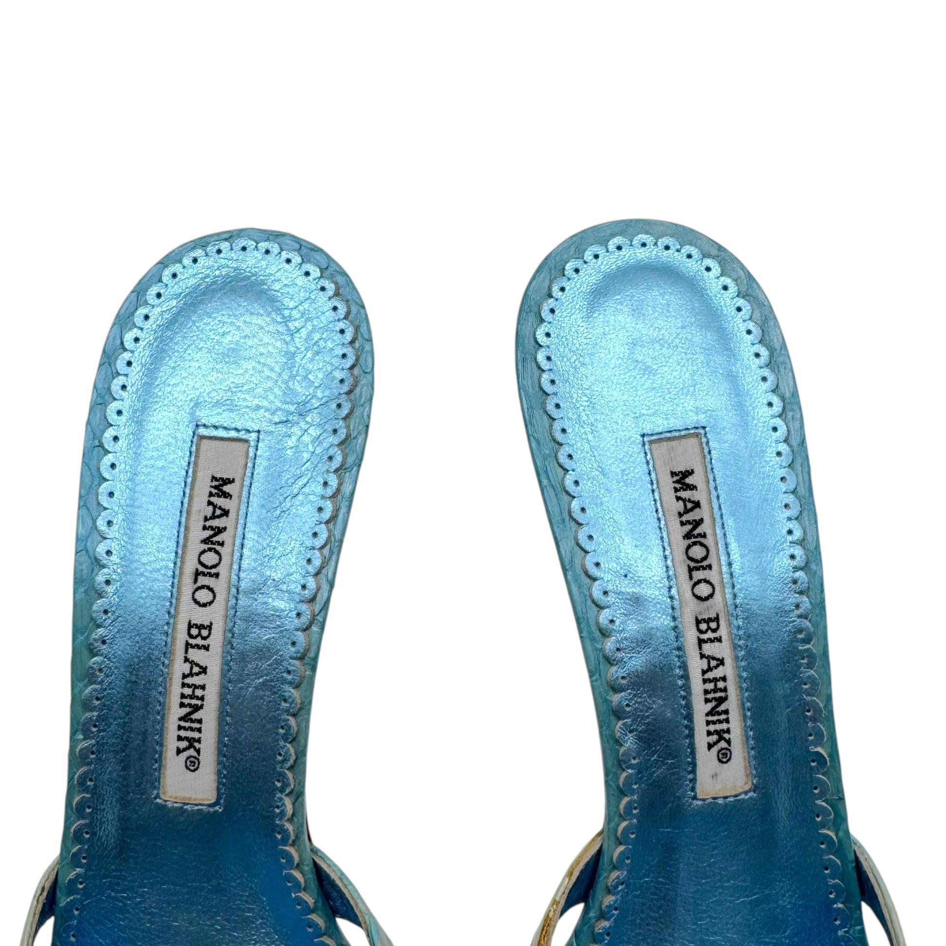 Manolo Blahnik Blue Beaded Kitten Heel Mule Sandals - Outfit Repeater