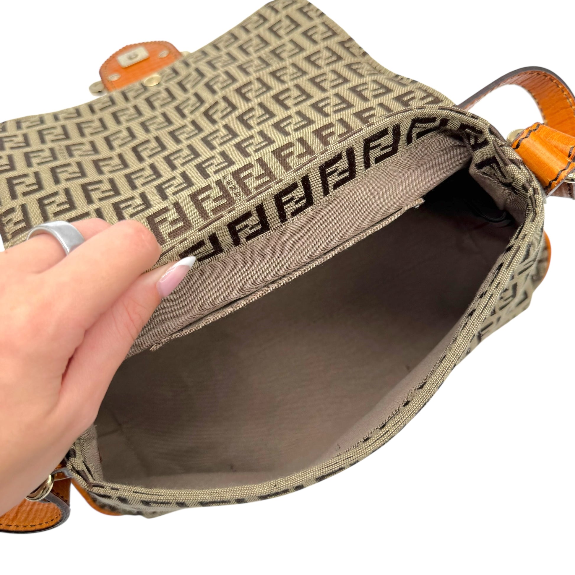 Fendi Shoulder Bag Beige Zucchino Monogram Orange Leather
