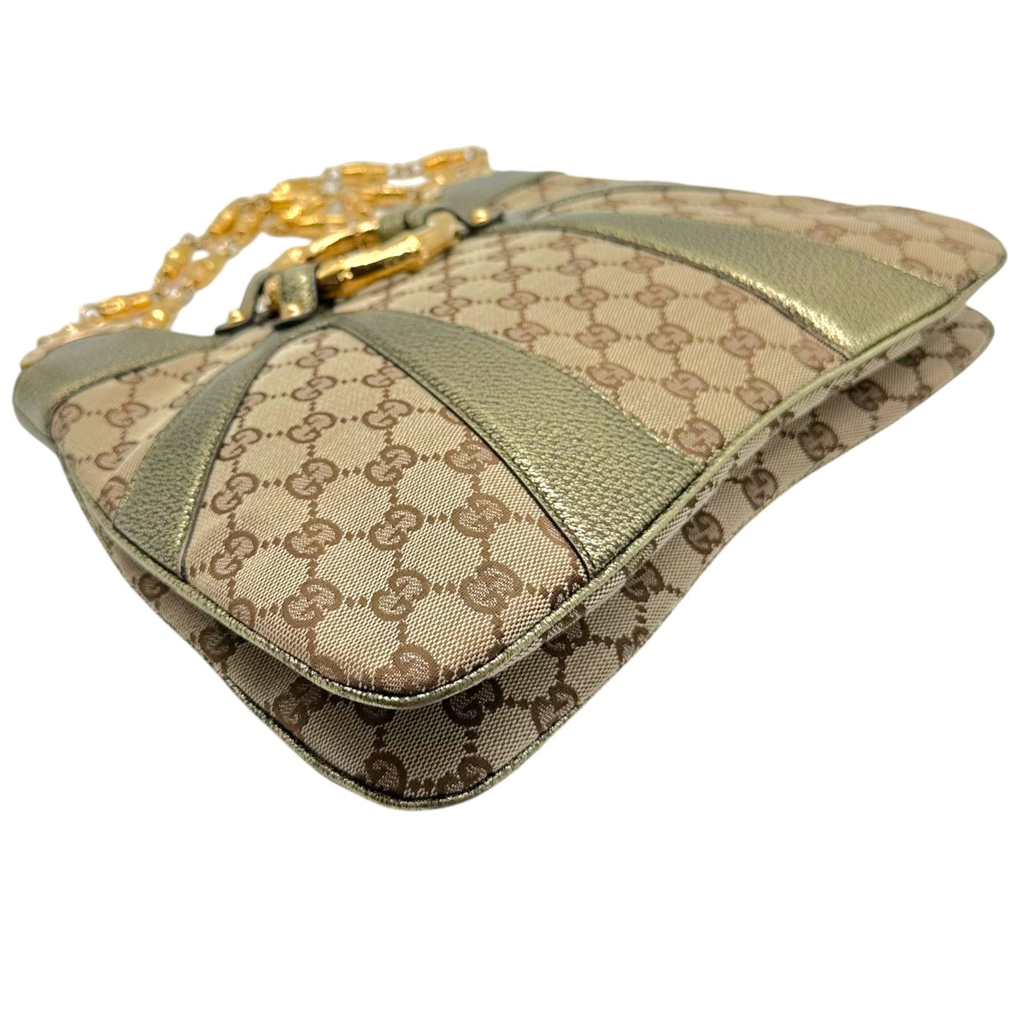 Gucci Shoulder Bag Tan Monogram Gold Bamboo Accents