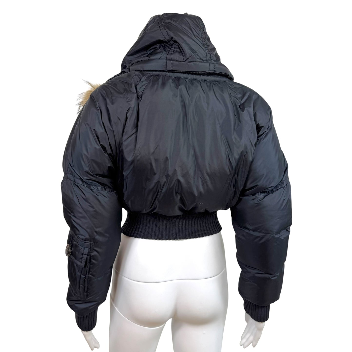 Dsquared2 Navy Blue Down Fill Fox Fur Trim Hood Cropped Bomber Puffer Coat