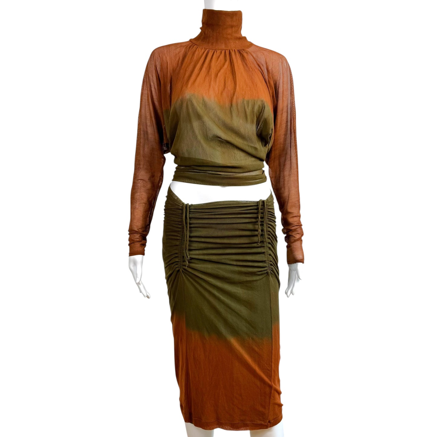 Plein Sud Sun Brown & Green Ombre Mesh Turtleneck Midi Skirt Set