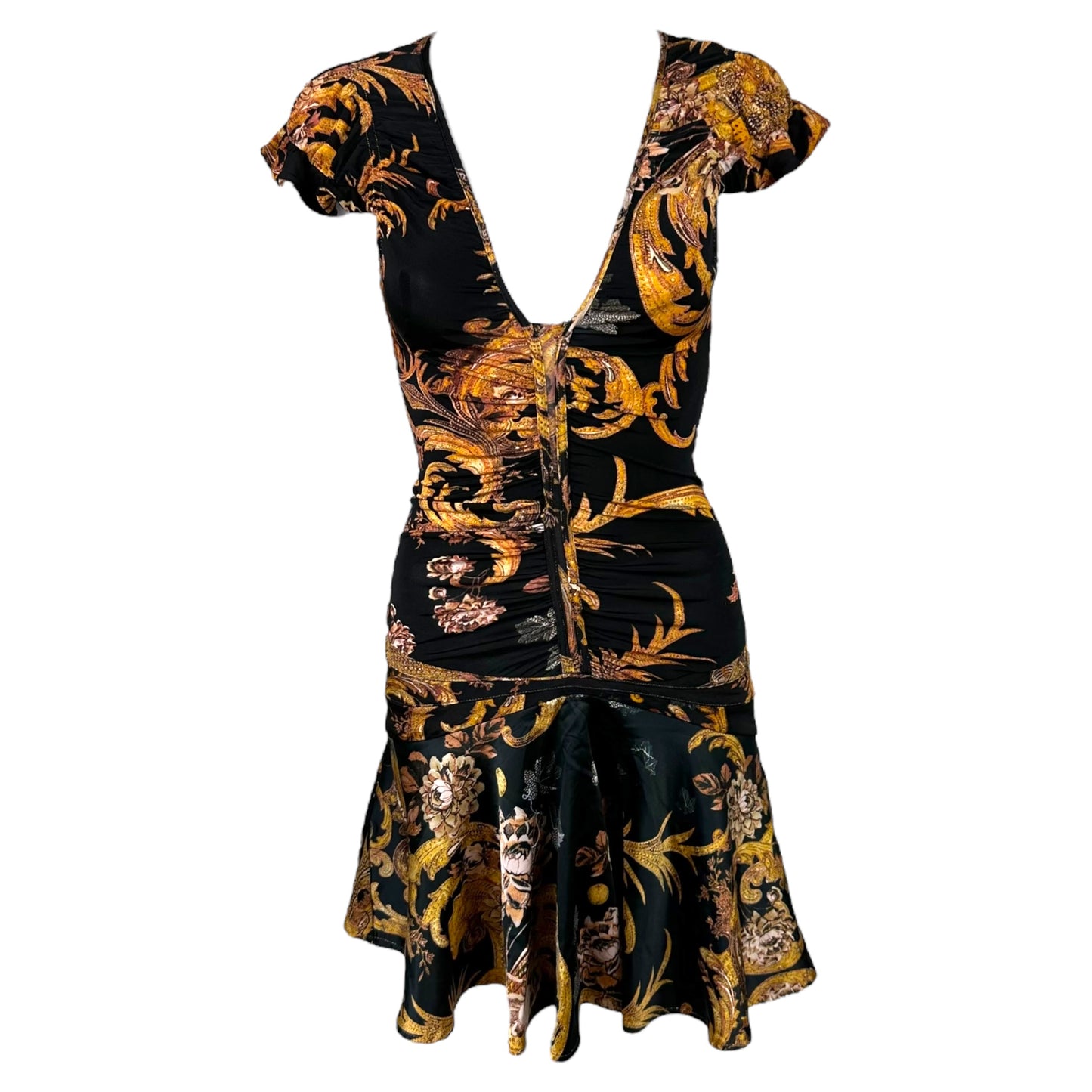 Just Cavalli Roberto Cavalli Black & Gold Damask Printed Mini Dress