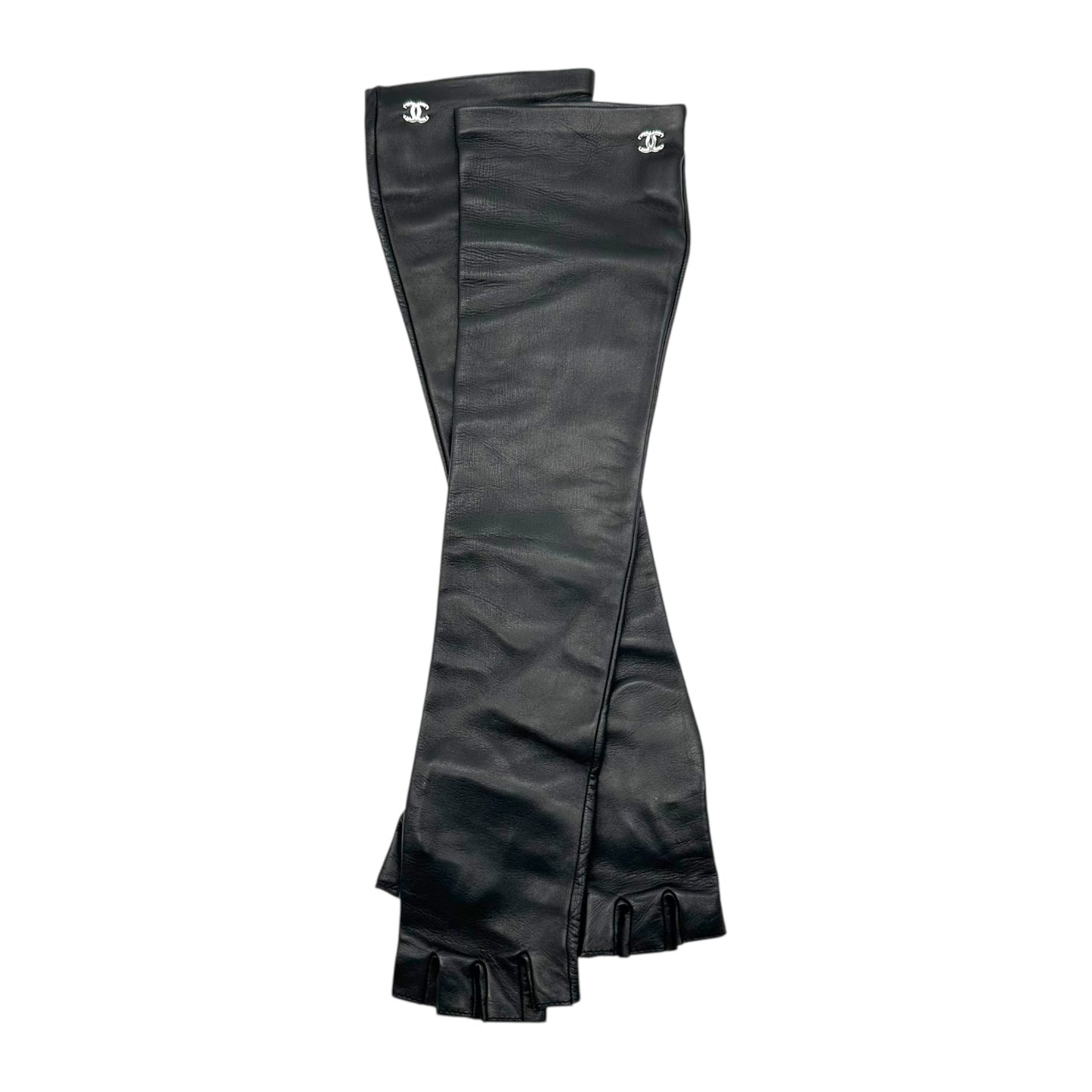 Chanel Black Leather Elbow Length Fingerless Gloves