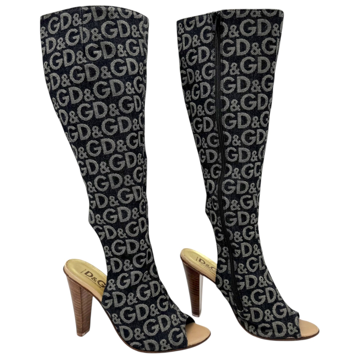 D&G Dolce & Gabbana Denim Logo Open Toe Heeled Boots - Outfit Repeater