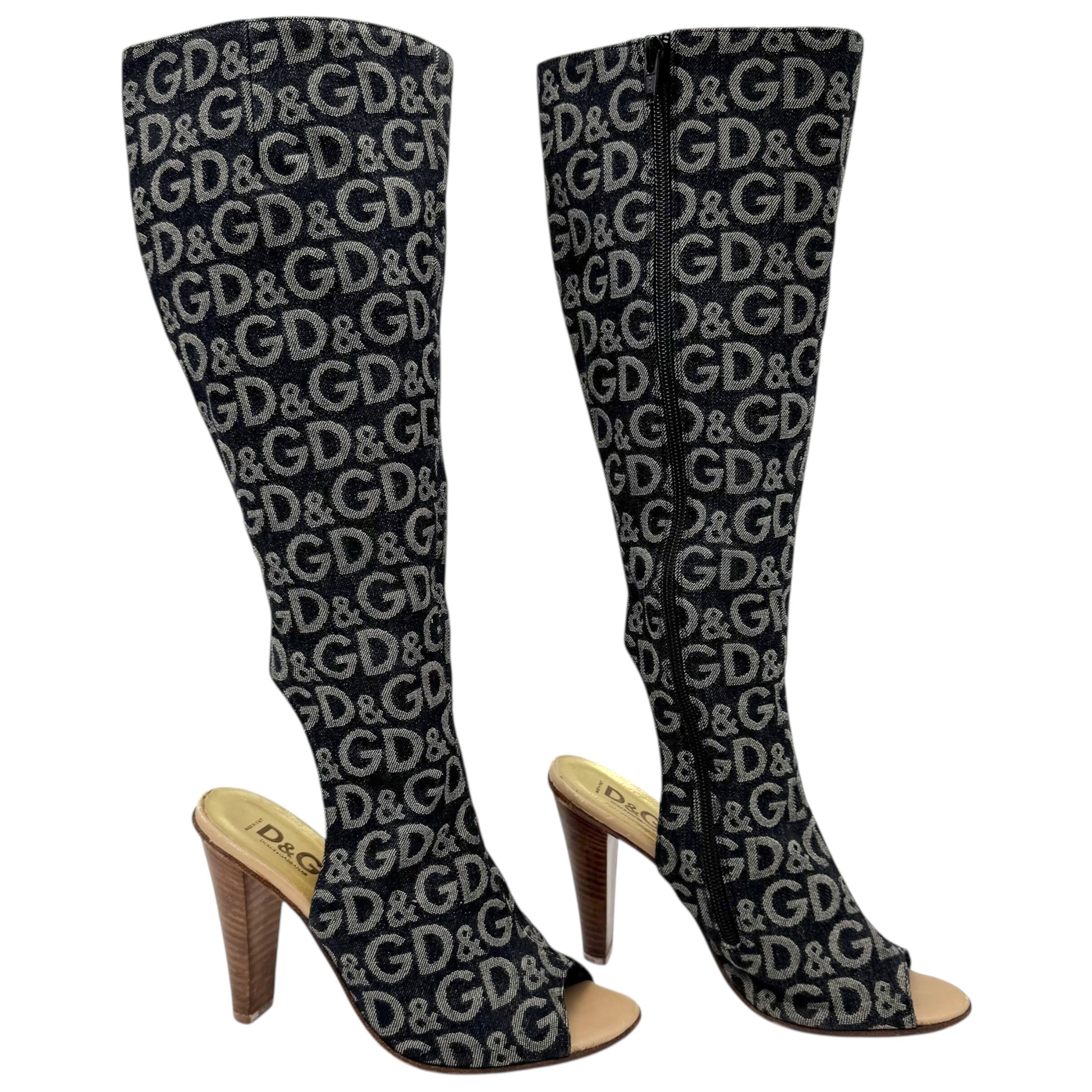 D&G Dolce & Gabbana Denim Logo Open Toe Heeled Boots - Outfit Repeater