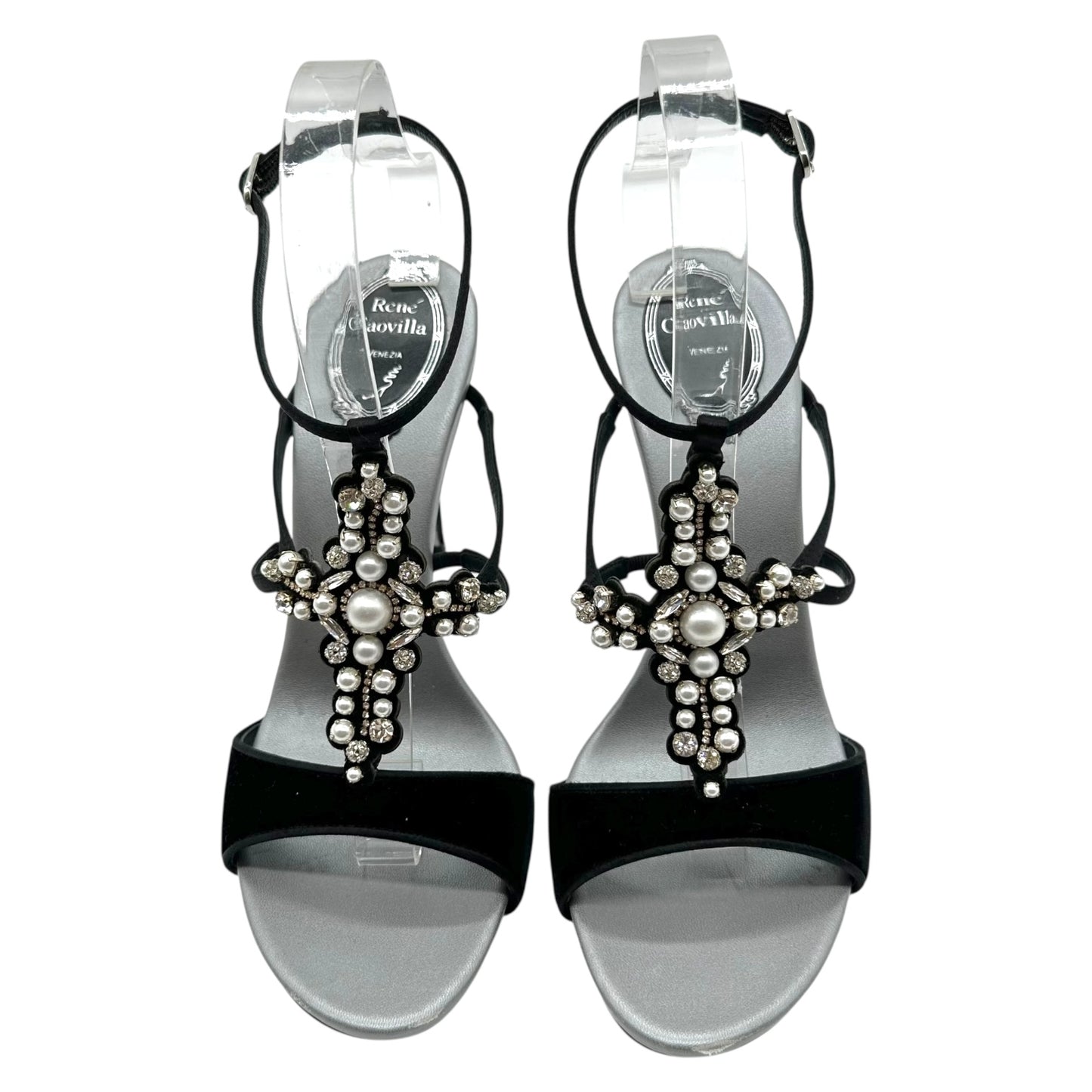 Rene Caovilla Black Velvet Embelished Cross Heeled Sandals