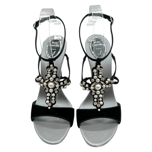 Rene Caovilla Black Velvet Embelished Cross Heeled Sandals