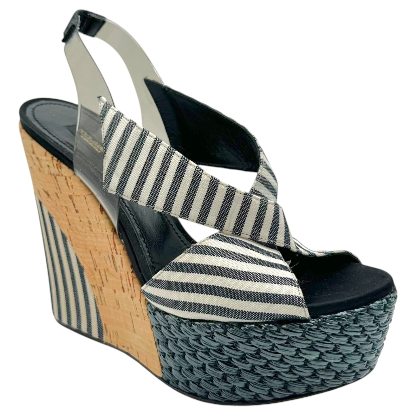 Dolce & Gabbana Navy Blue Striped & Cork Platform Wedges
