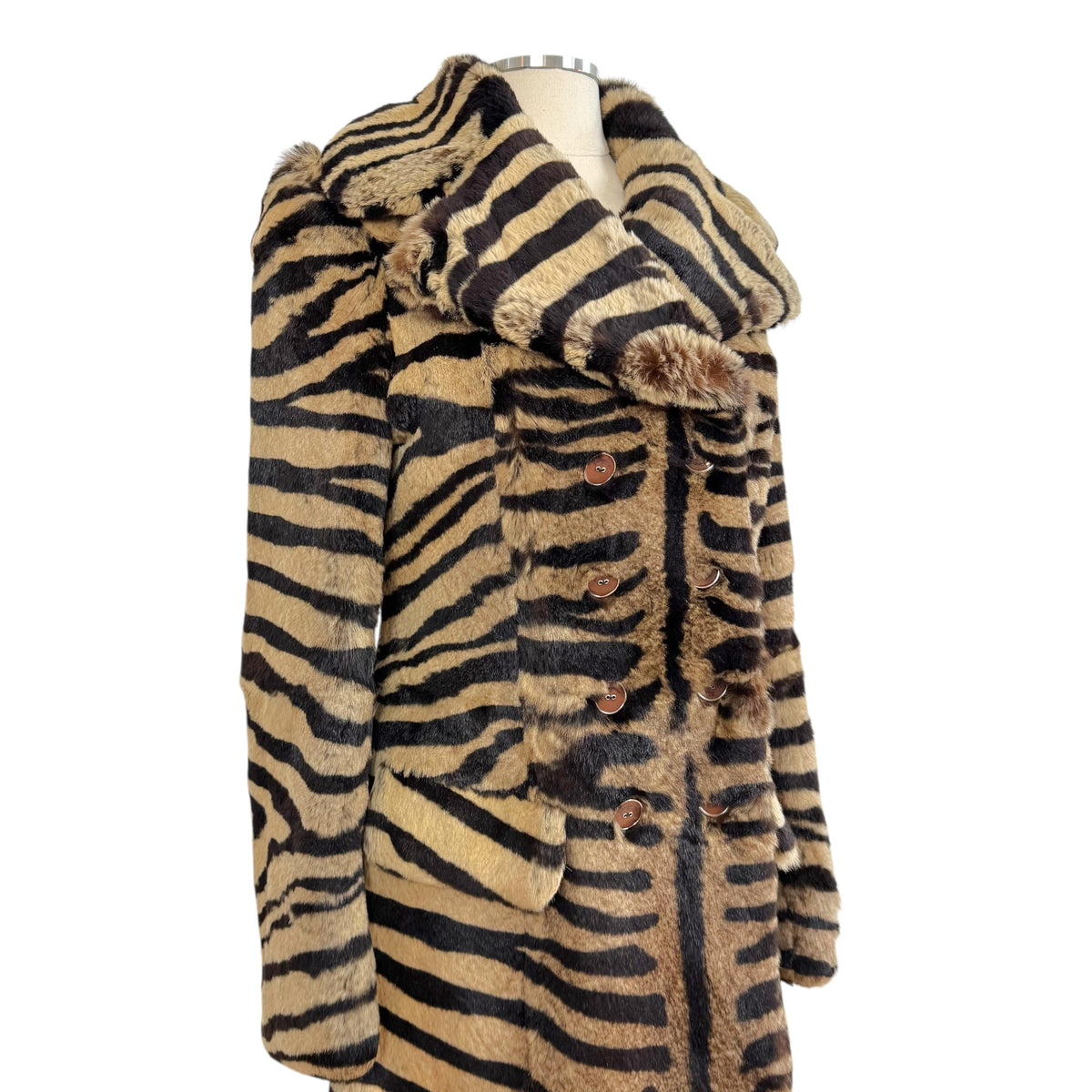 Salvatore Ferragamo Mid-Length Fur Coat Tan Black Zebra Print