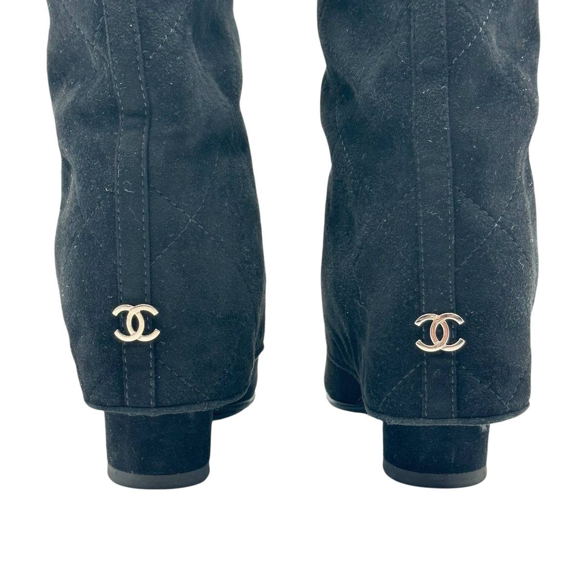 Chanel Black Suede Knee High Heeled Boots