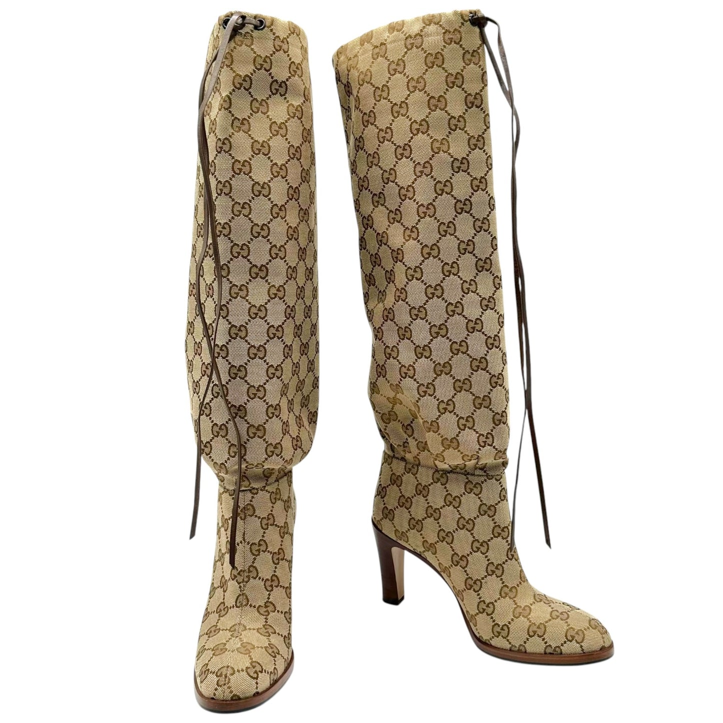 Gucci Tan Monogram Knee High Heeled Boots
