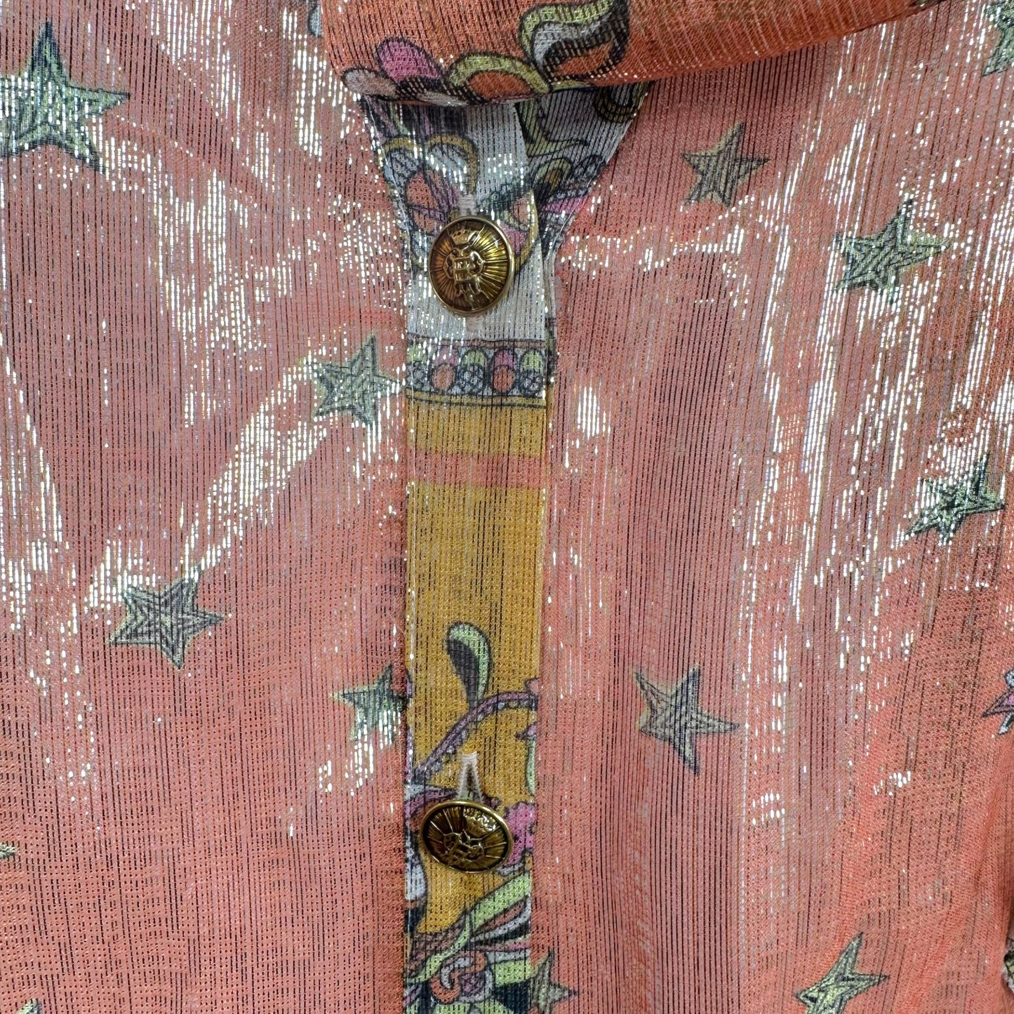 Emilio Pucci Silk Blouse Orange Pink Metallic Tie Neck