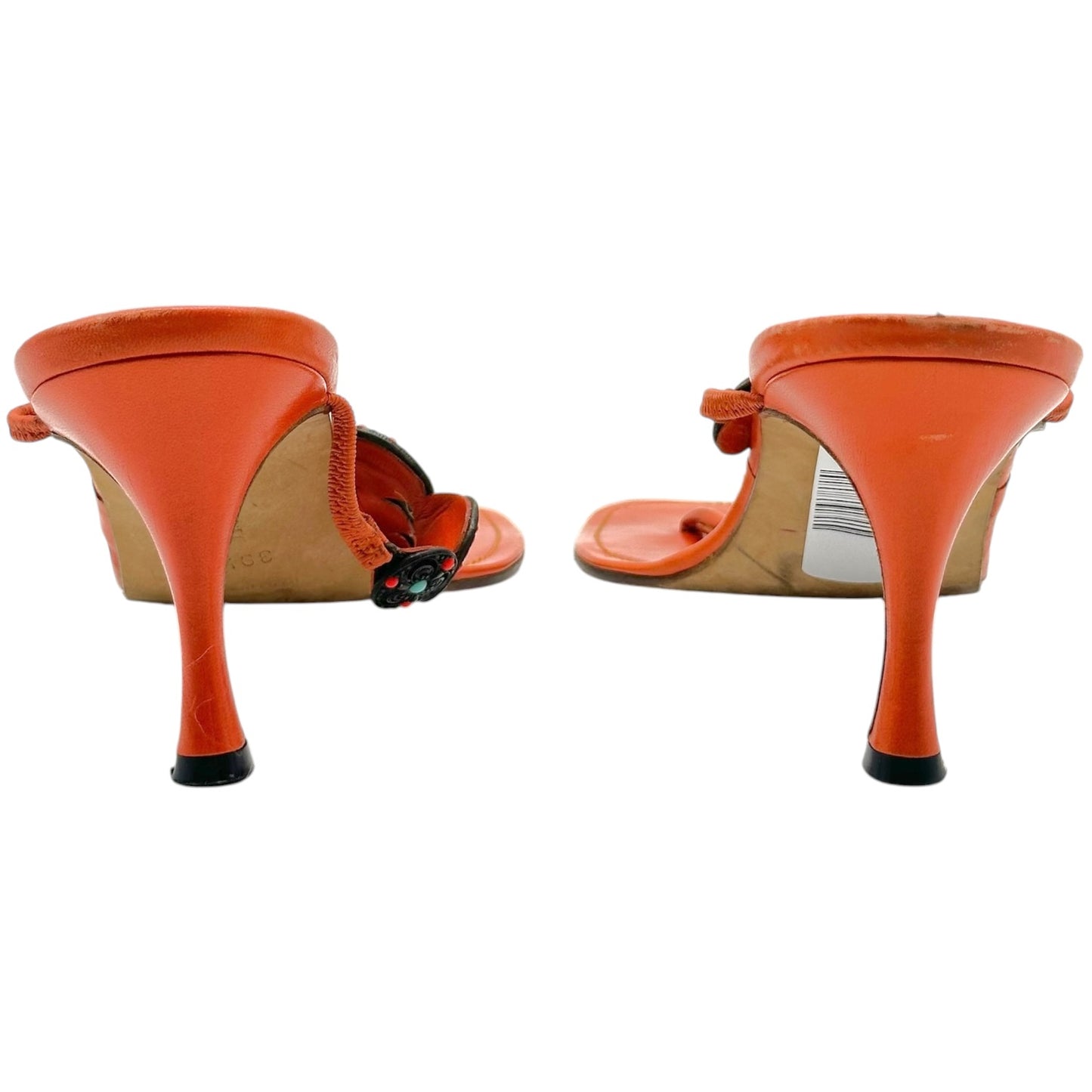 Manolo Blahnik Orange & Turquoise Beaded Kitten Heel Flip Flops