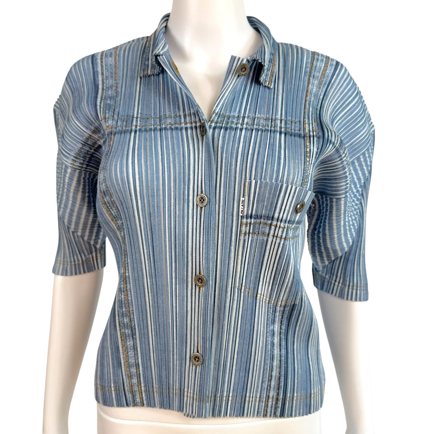 Issey Miyake Pleats Please Light Wash Denim Printed Shirt Sleeve Button Up Blouse Sz 4