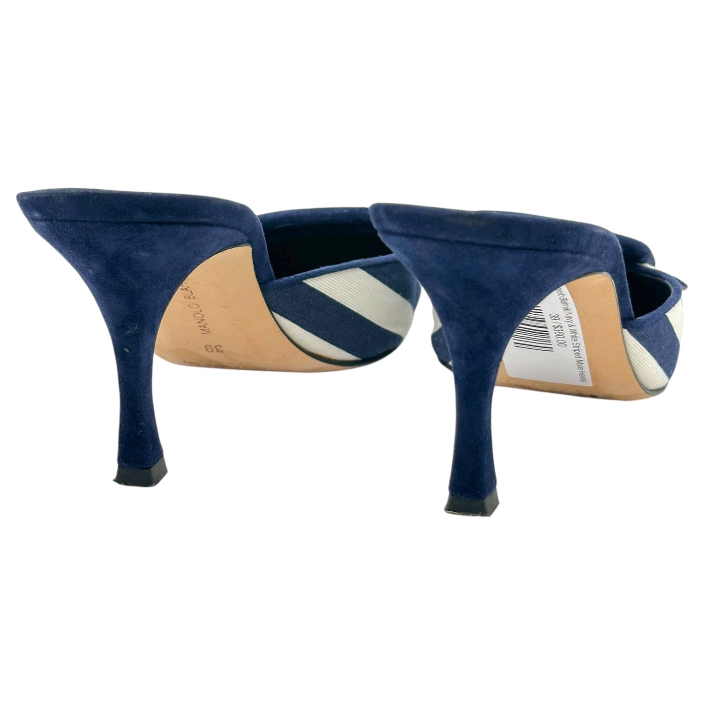 Manolo Blahnik Navy White Striped Mule Heels