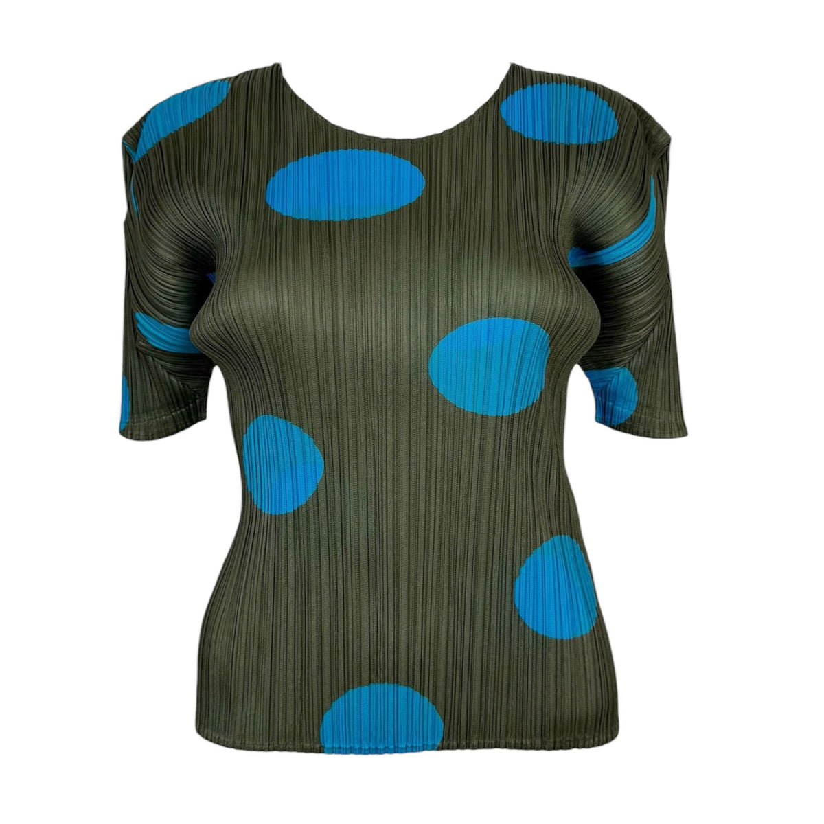 Issey Miyake Pleats Please Khaki Green & Turquoise Polka Dot Print Short Sleeve To Sz 3