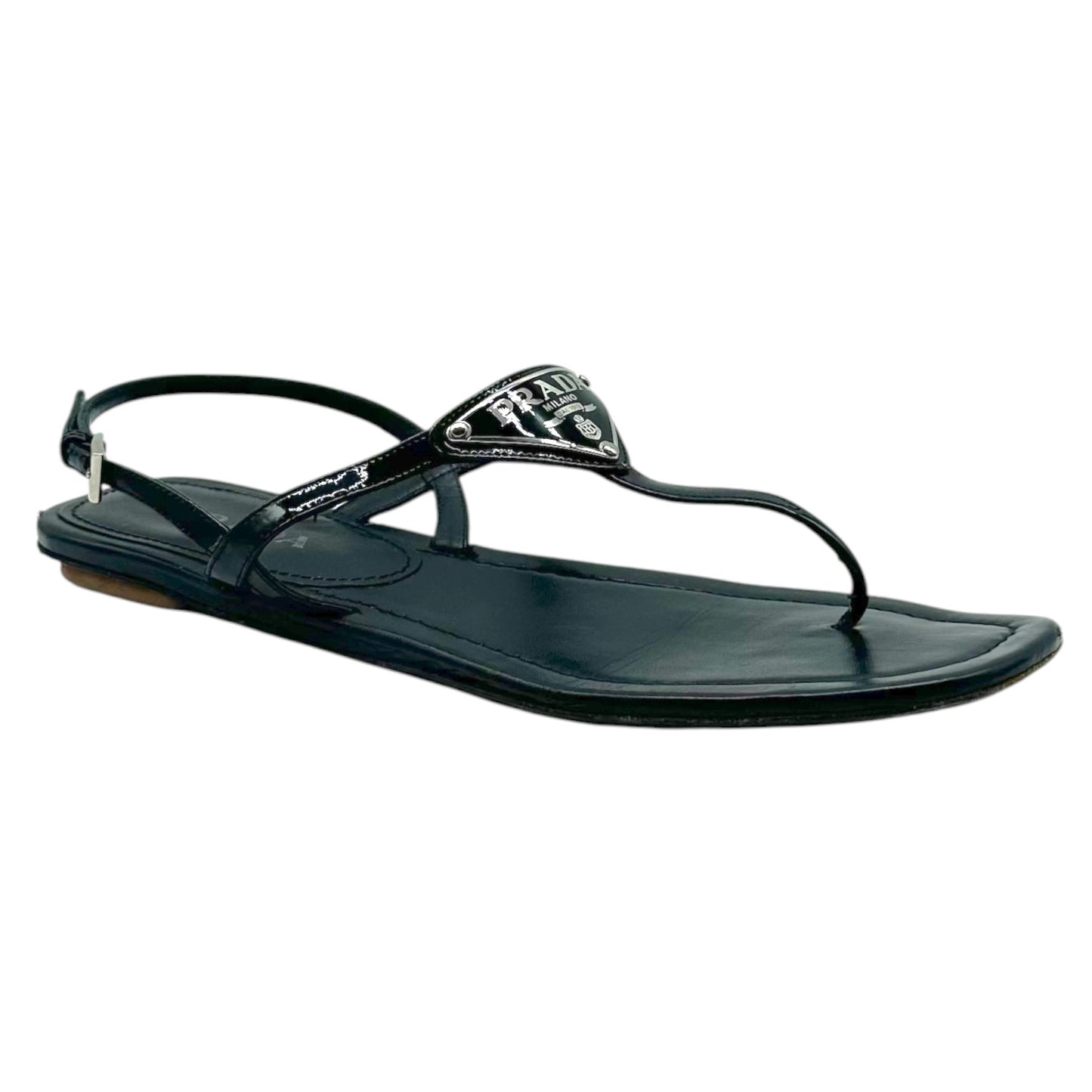 Prada Black Patent Leather & Triangle Logo Flat Thong Sandals