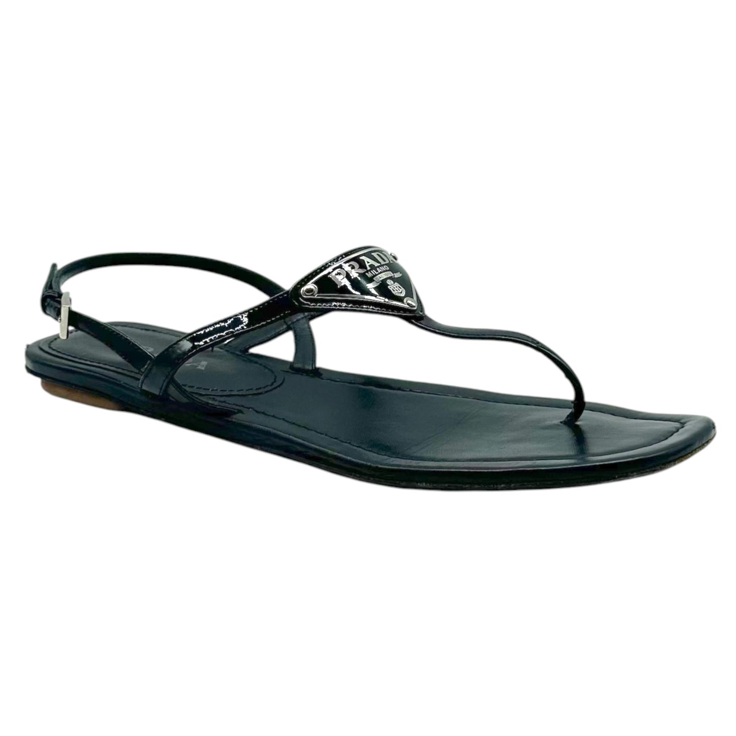 Prada Black Patent Leather Flat Thong Sandals