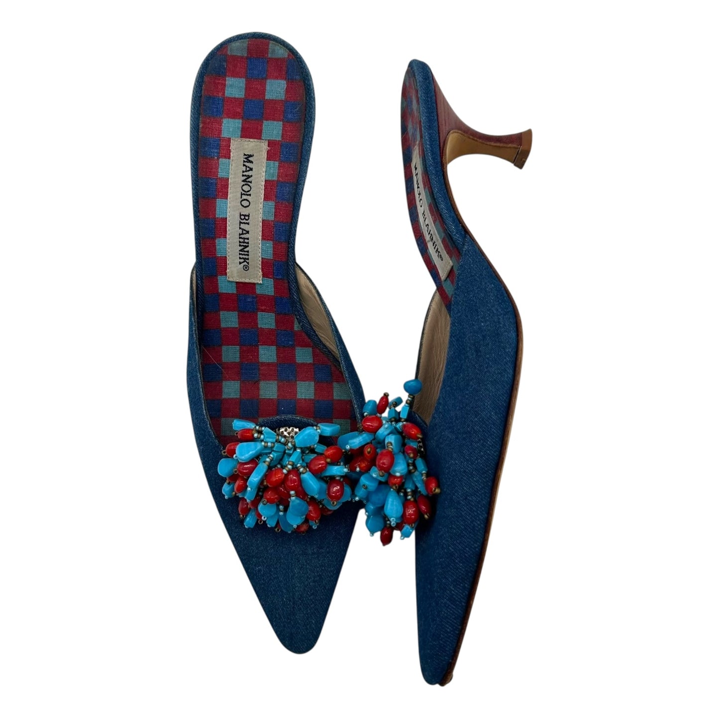 Manolo Blahnik Denim Bead Embellished Kitten Heels