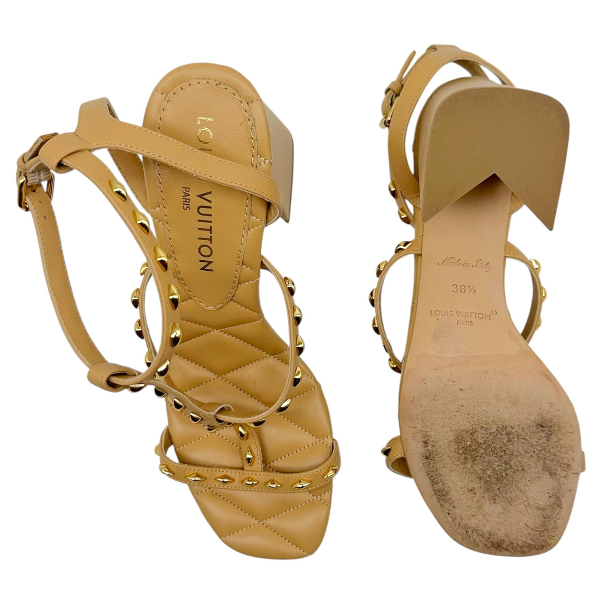 Louis Vuitton Tan Leather Gold Studded Block Heel Sandals