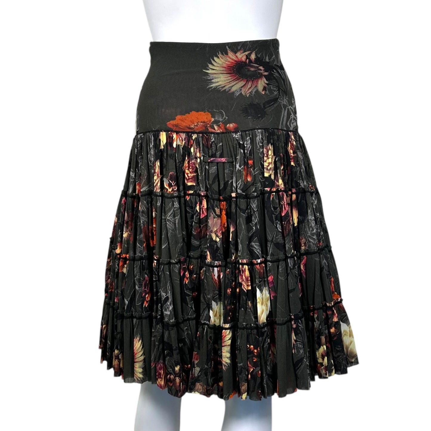 Jean Paul Gaultier Soleil Dark Green Floral Printed Mesh Midi Skirt