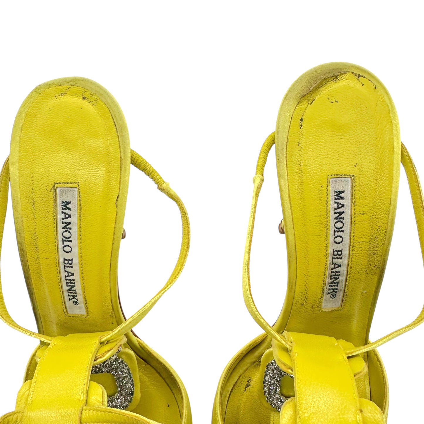 Manolo Blahnik Chartreuse Silk Crystal Embellished Heels