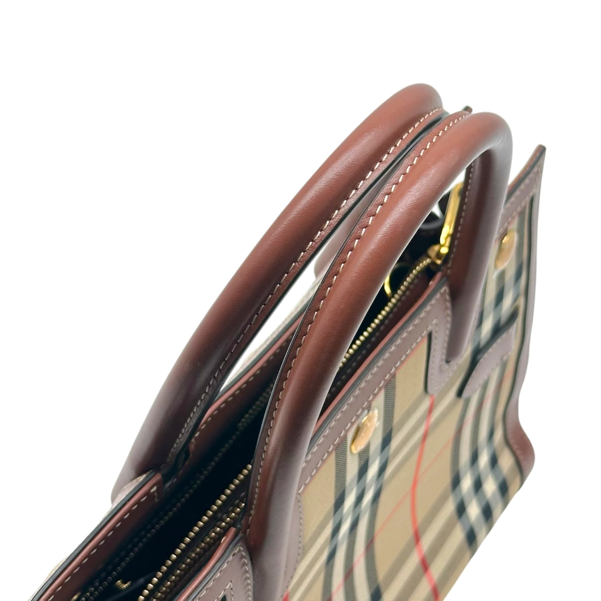Burberry Top Handle Bag Nova Check Plaid Brown Leather