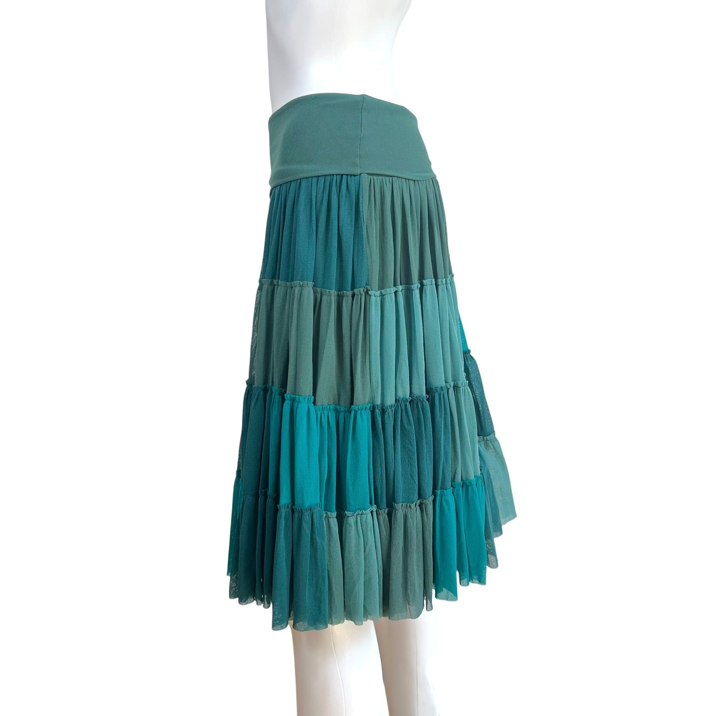 Jean Paul Gaultier Soleil Turquoise Patchwork Tiered Mesh Midi Skirt