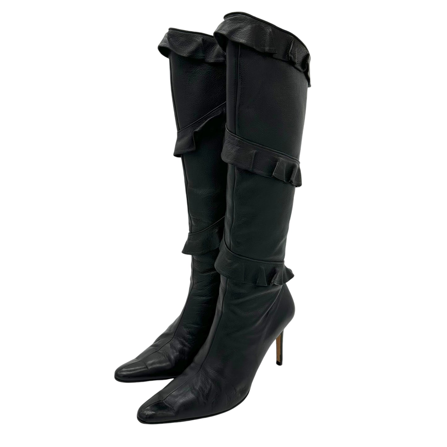 Manolo Blahnik Ruffle Black Leather Pointed Toe Boots - Outfit Repeater
