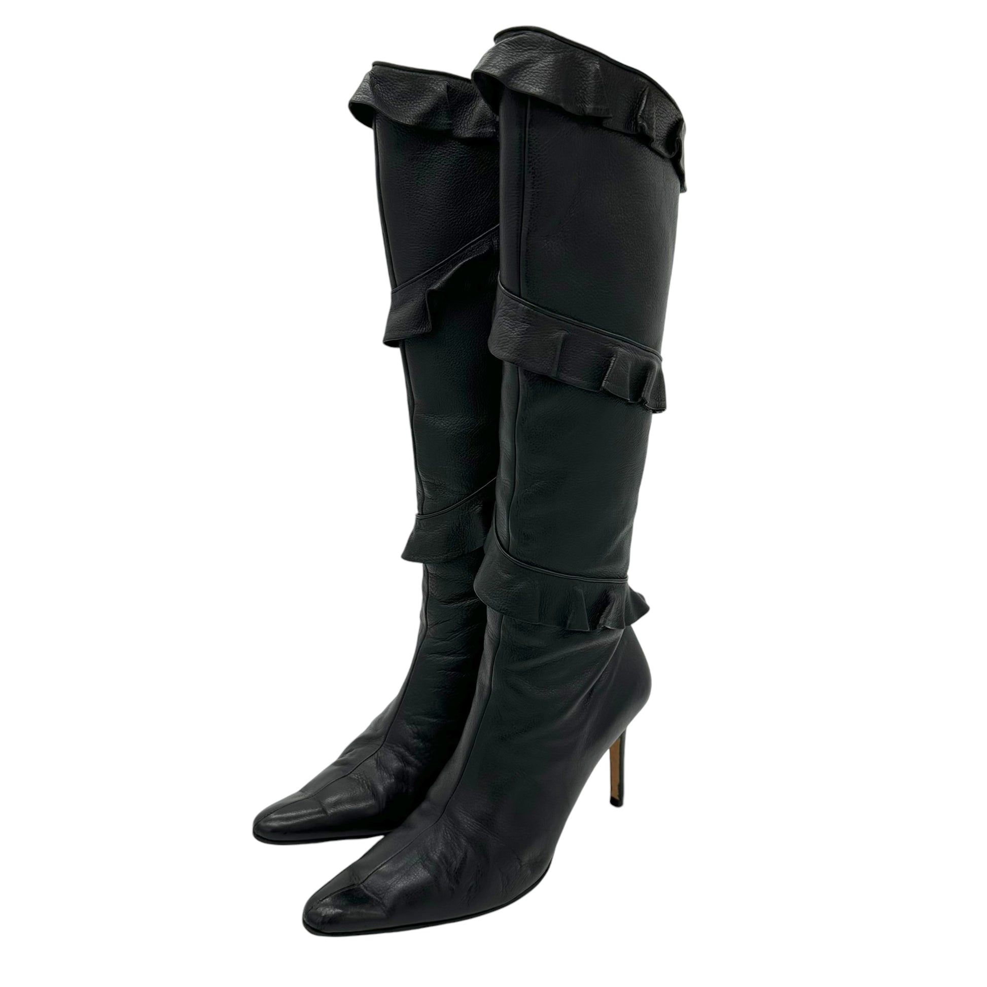 Manolo Blahnik Ruffle Black Leather Pointed Toe Boots - Outfit Repeater