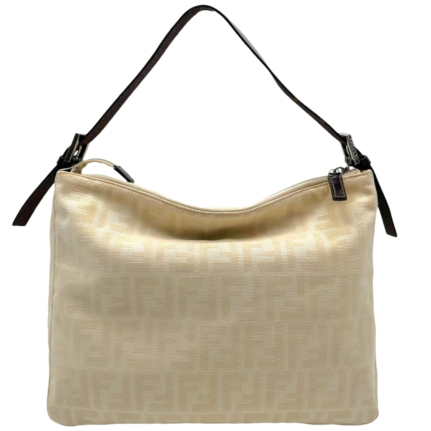 Fendi Ivory Zucca Monogram & Brown Leather XL Mama Front Pocket Baguette Bag
