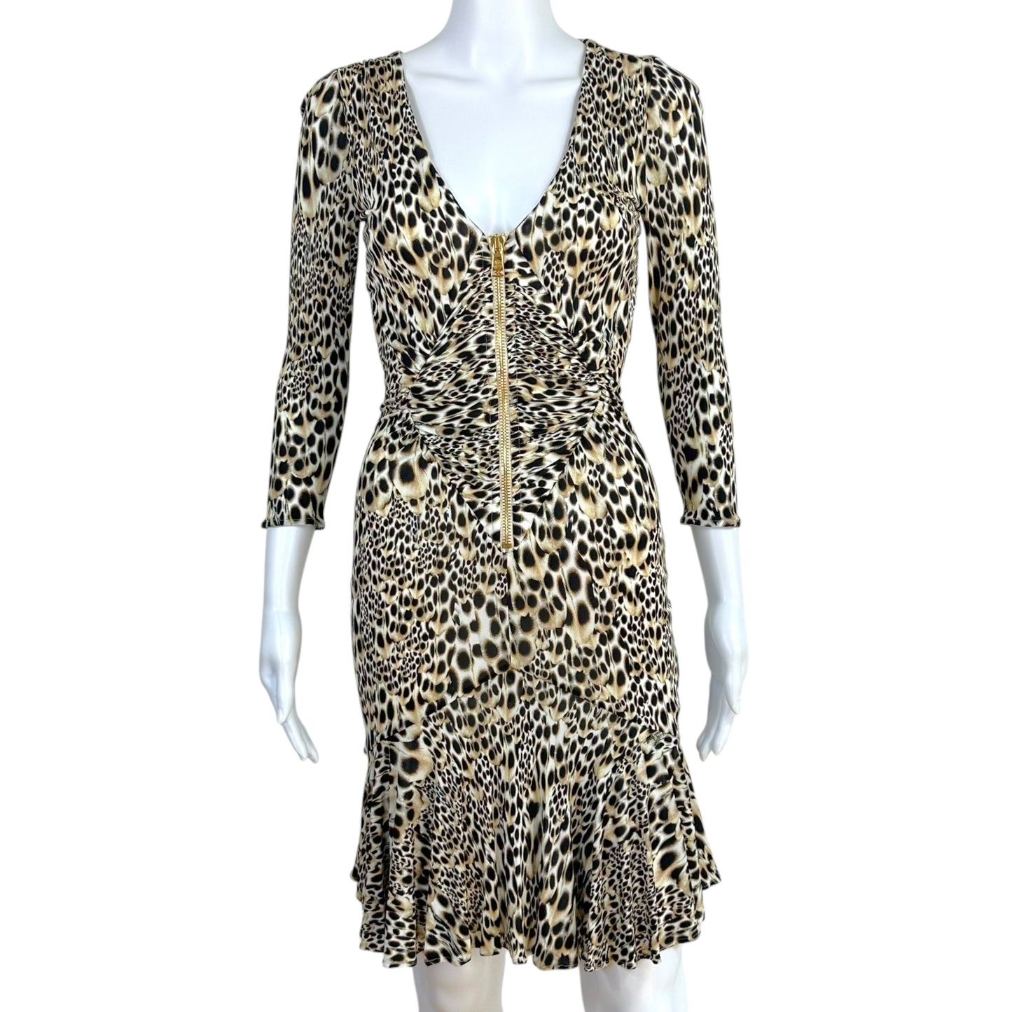 Roberto Cavalli Leopard Print Zippered 3/4 Sleeve Midi Dress