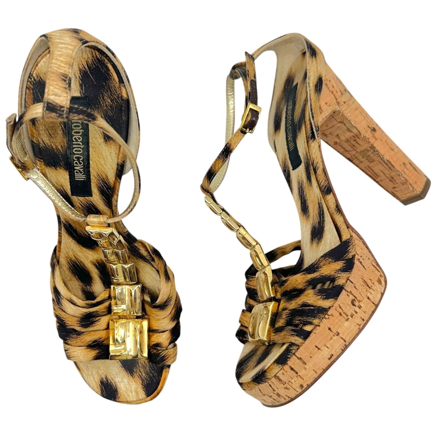 Roberto Cavalli Leopard Satin & Gold Embellished Cork Platform Sandal Heels