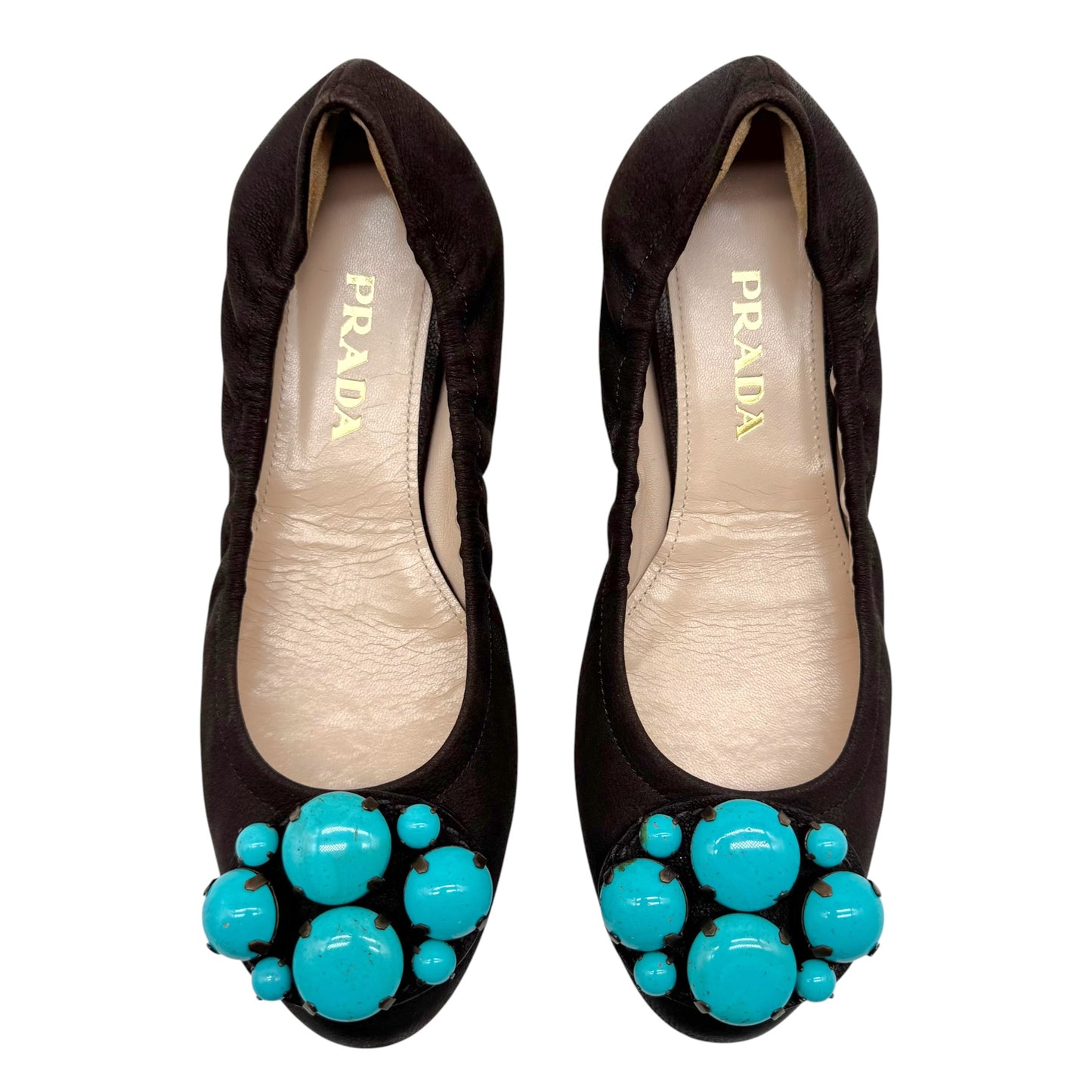 Prada Brown Leather & Turquoise Embellished Ballet Flats