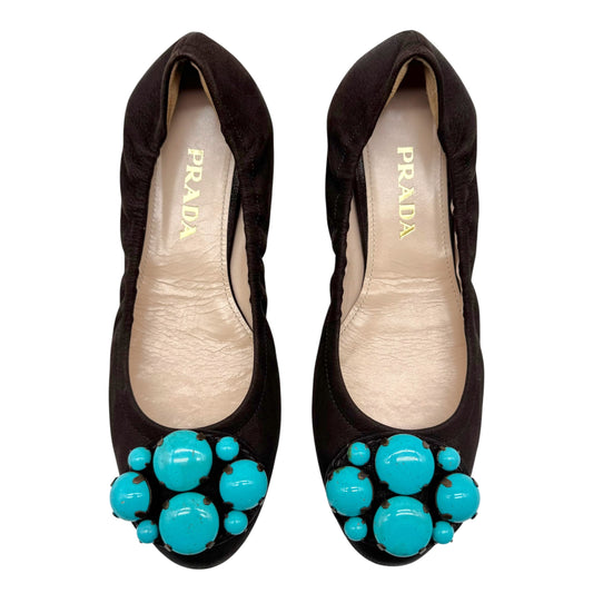 Prada Brown Leather Turquoise Embellished Ballet Flats