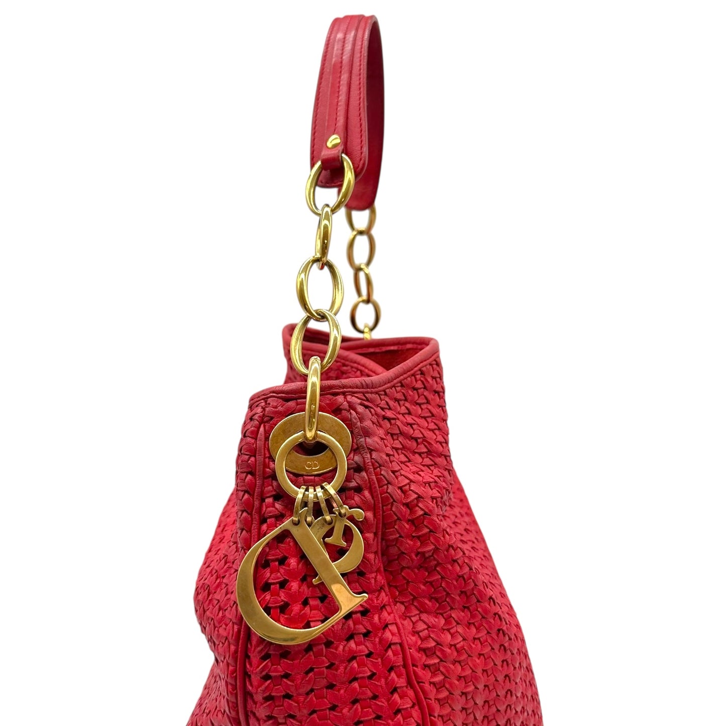 Christian Dior Red Leather Intrecciato Woven Hobo Bag